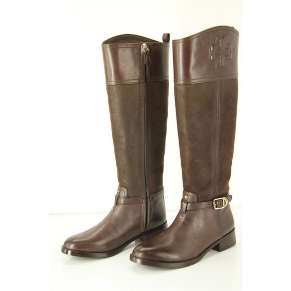 Tory Burch Brown Leather Simone Logo Embossed Riding BootsNew Sz 5.5